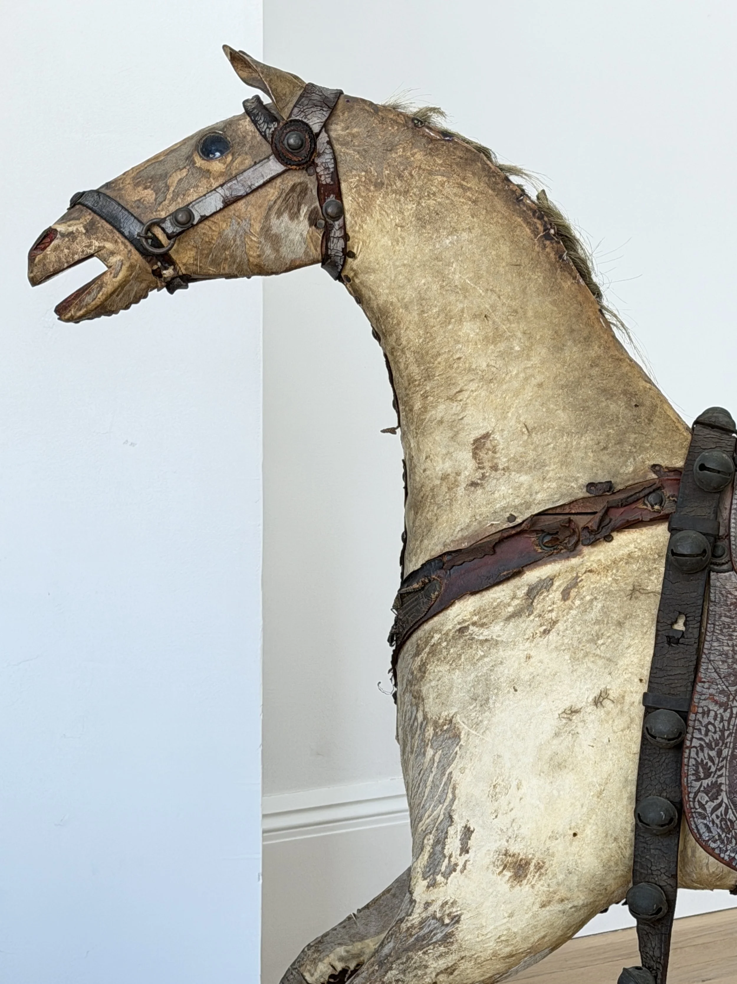 MATERI(A)NTIQUES EXTRA LARGE STITCHED LEATHER, HAIR AND WOOD TOY HORSE.4.jpg