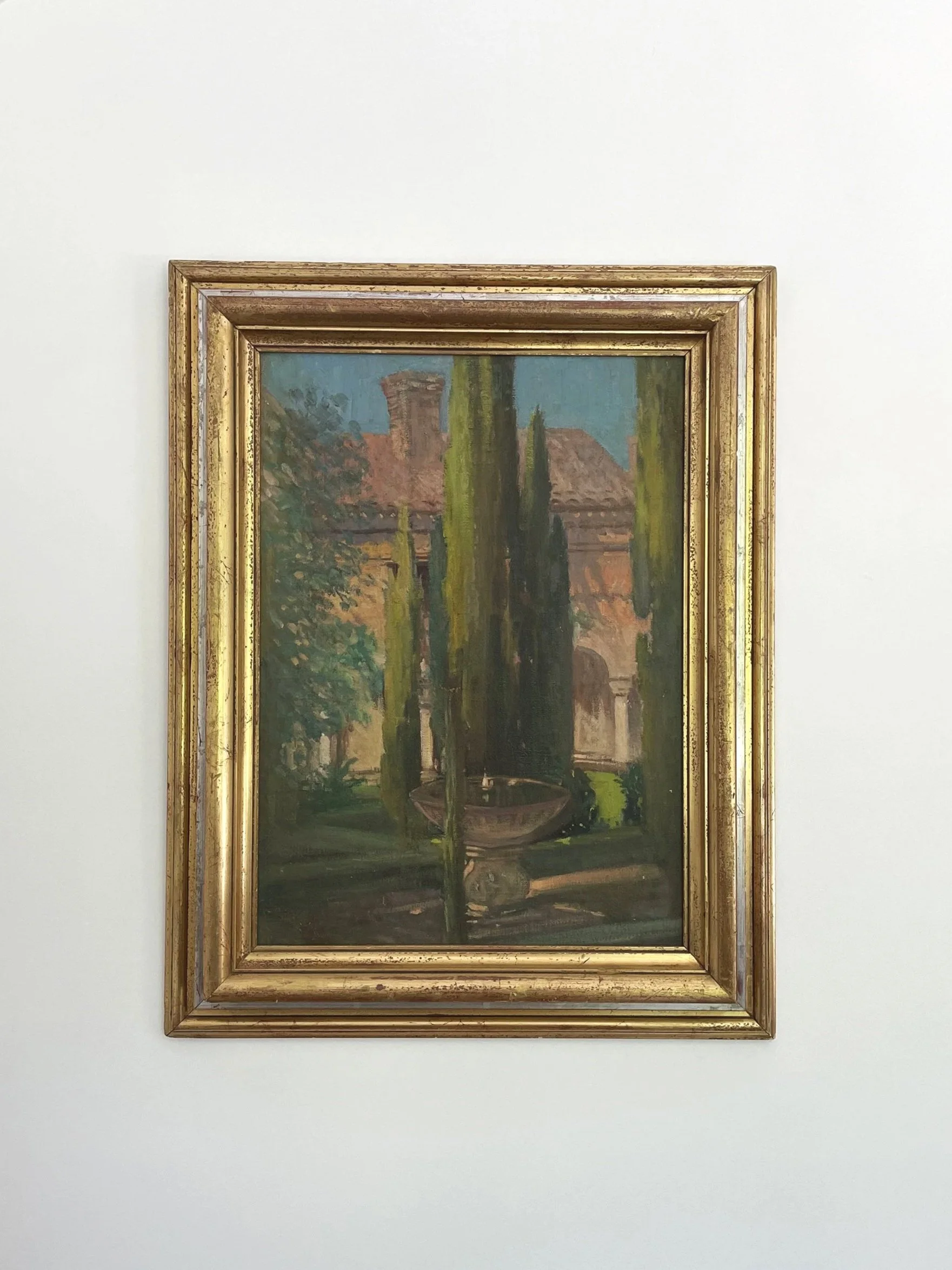 MATERI(A)NTIQUES OIL ON CANVAS LANDSCAPE OF TUSCAN COURTYARD FOUNTAIN