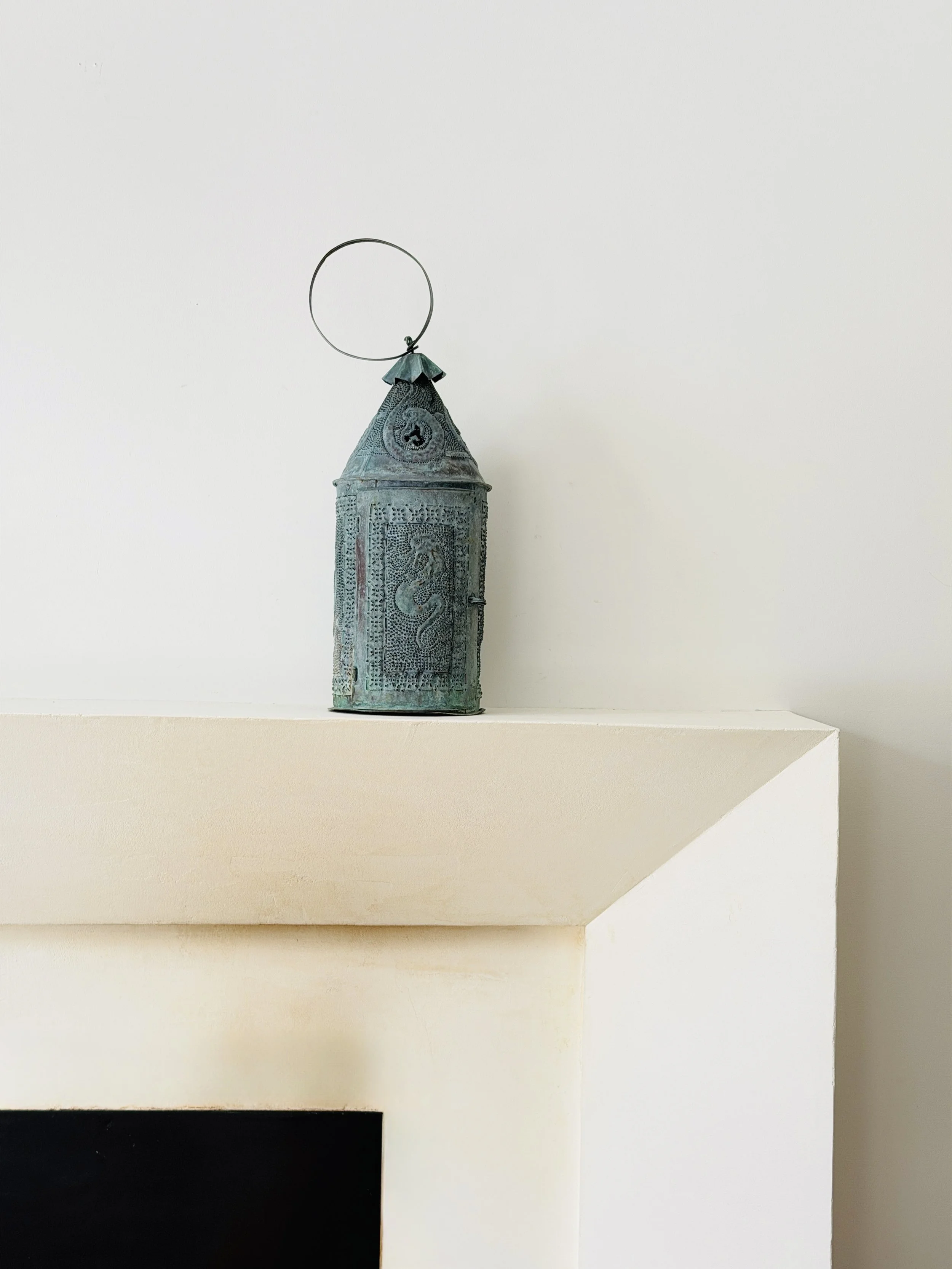 MATERI(A)NTIQUES LARGE HAND POKED COPPER HANGING LANTERN WITH DRAGON / MYTHICAL CREATURE MOTIF 430-A