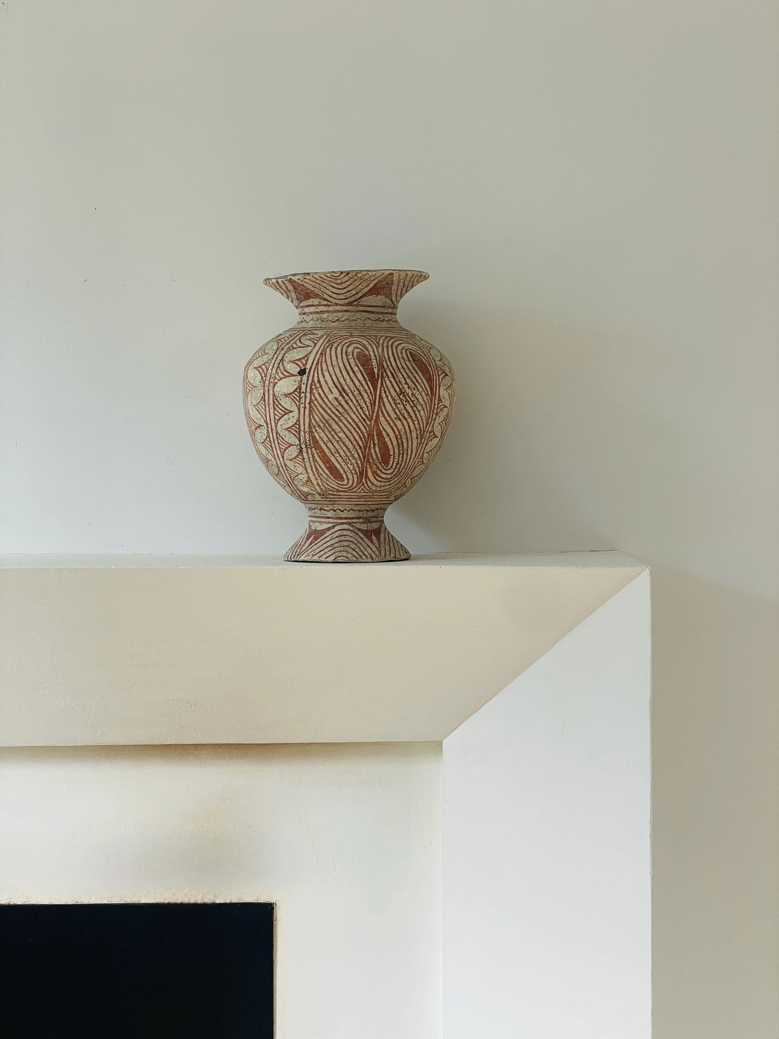 MATERI(A)NTIQUES LARGE ROUNDED CERAMIC VESSEL WITH ABSTRACT RUSSET GLAZE PATTERN, WIDE LIP AND FOOT.jpg