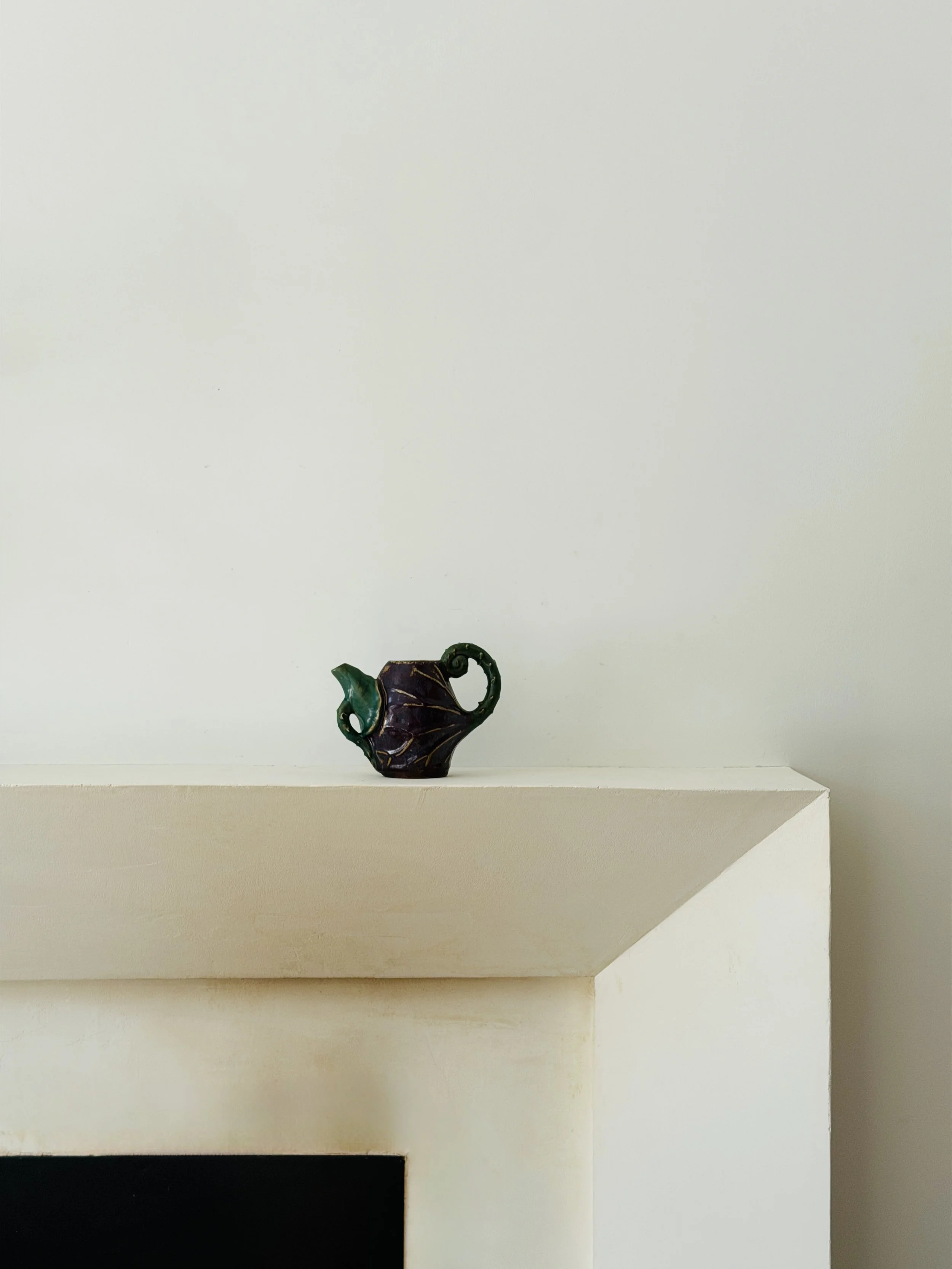 MATERI(A)NTIQUES SMALL PLUM AND GREEN VEGETABLE / VINE CERAMIC PITCHER