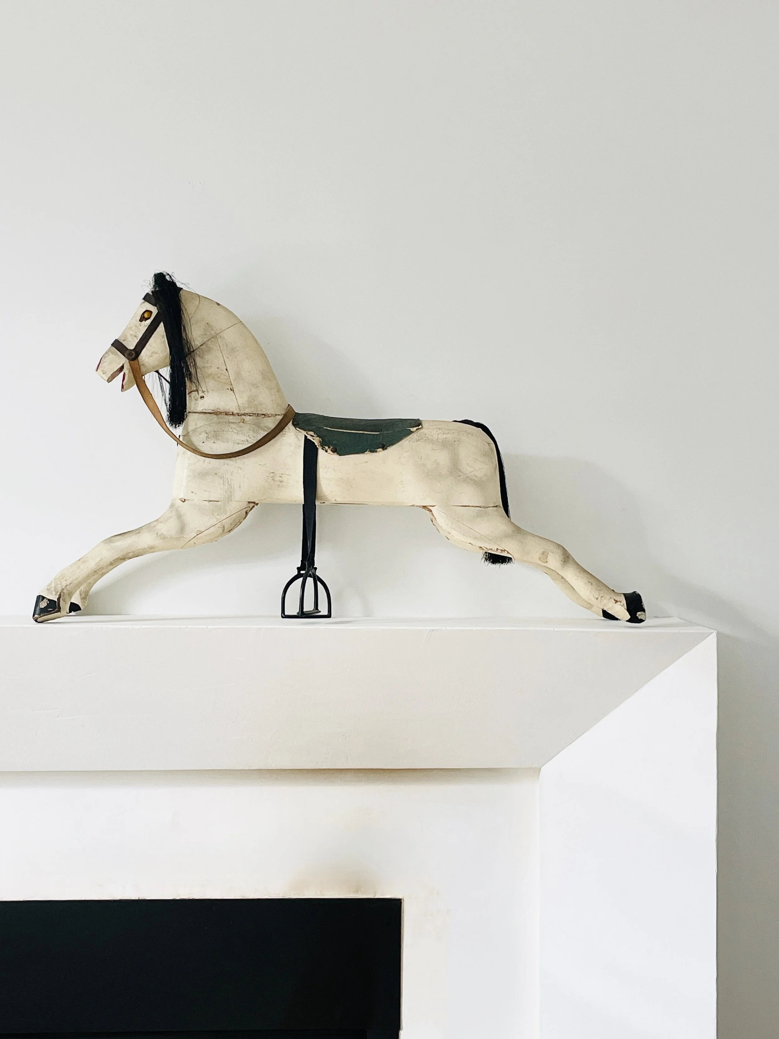 MATERI(A)NTIQUES LARGE PAINTED WOOD WITH LEATHER, HORSEHAIR, FABRIC AND ACRYLIC, HORSE STATUE 345-A