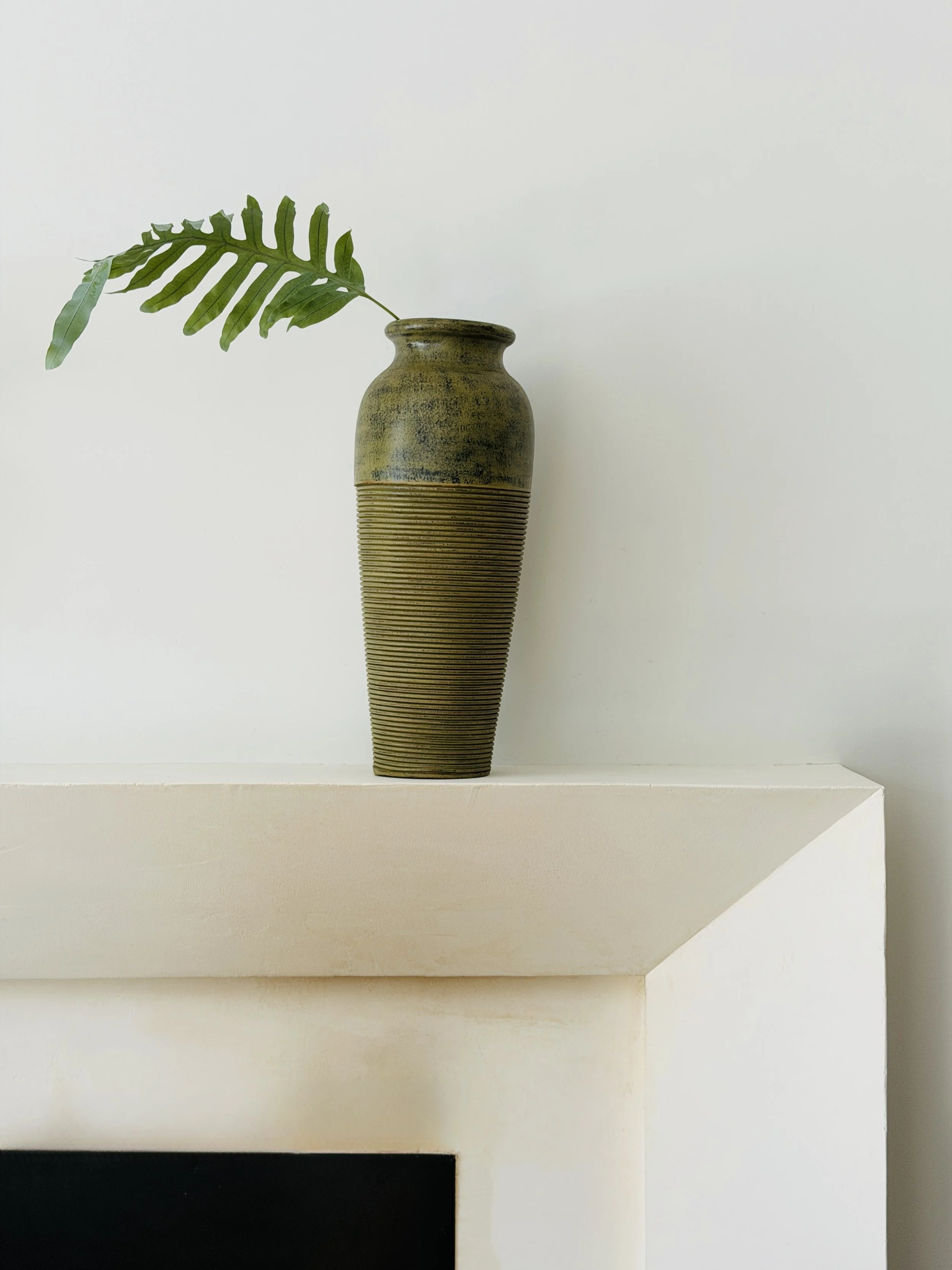 MATERI(A)NTIQUES TALL OLIVE RIBBED CERAMIC VASE
