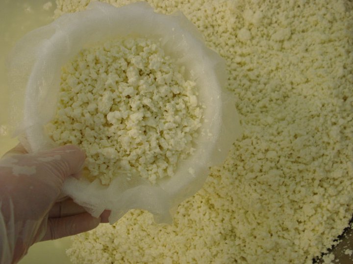 Filling the moulds with curds.