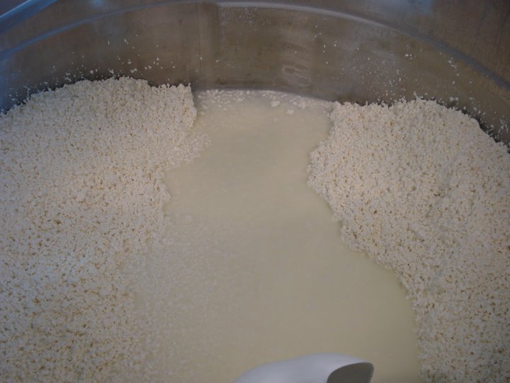 Draining of the whey and separating the curds.