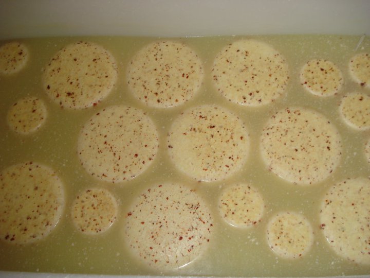 After pressing, cheese wheels go into the brine.