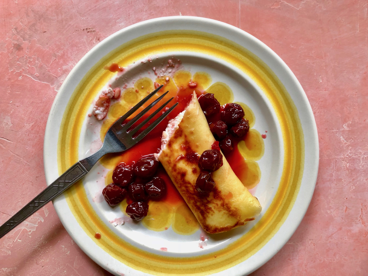 Cheese filled Blintz with Sour Cherries