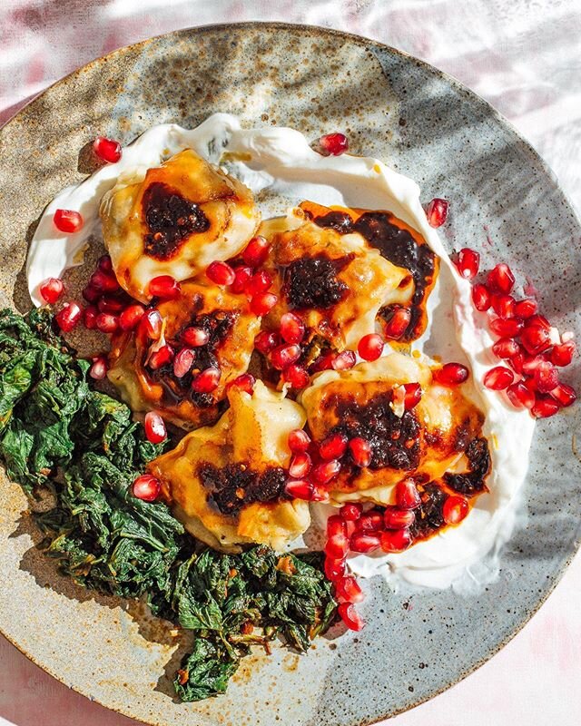 pan-fried frozen dumplings with chili crisp
fried mustard greens
labne 
handful of pomegranate seeds 
a true @mackannecheese special ✨
#theworldinapocket