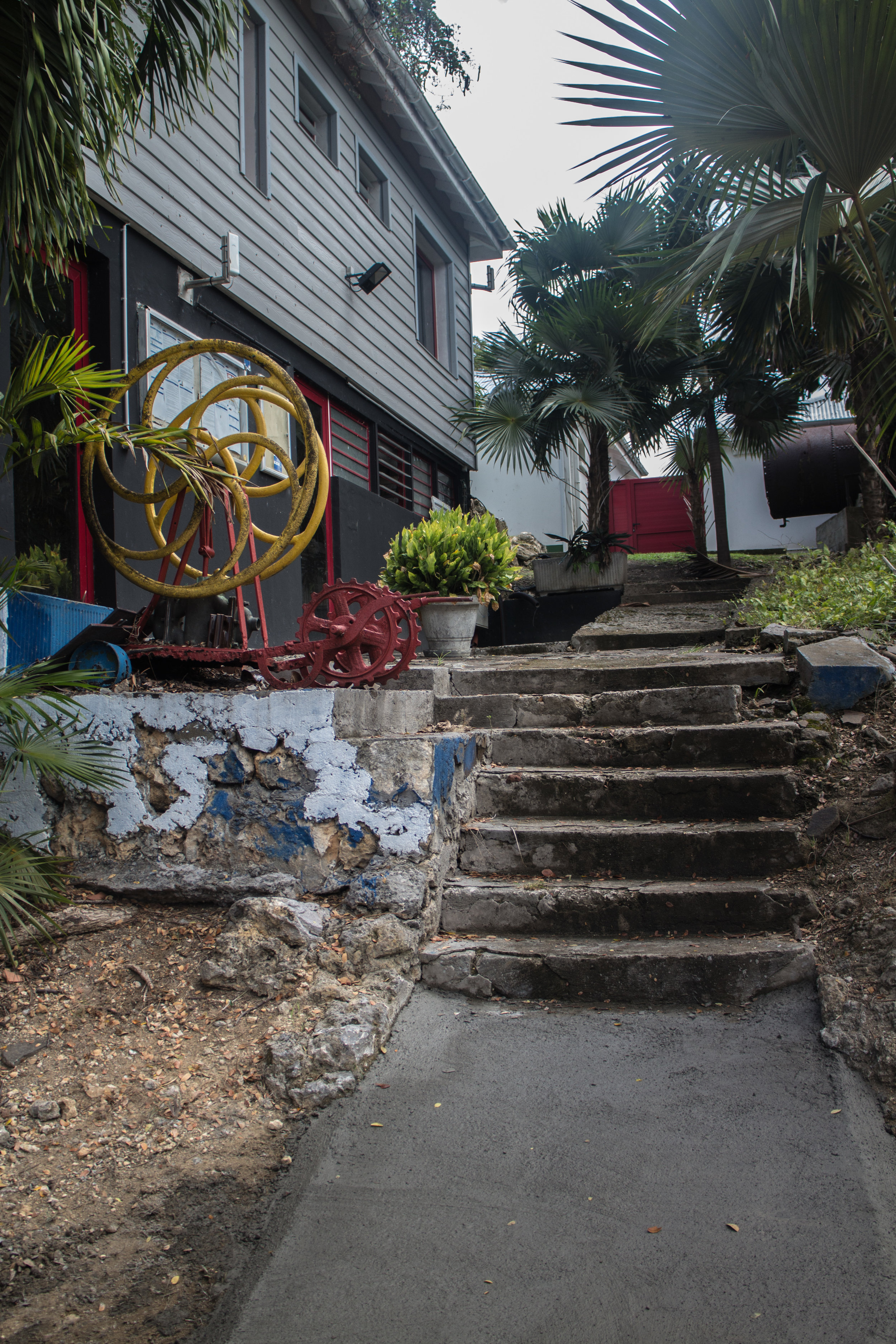 Buildings and stairs at Rhumerie Damoiseau