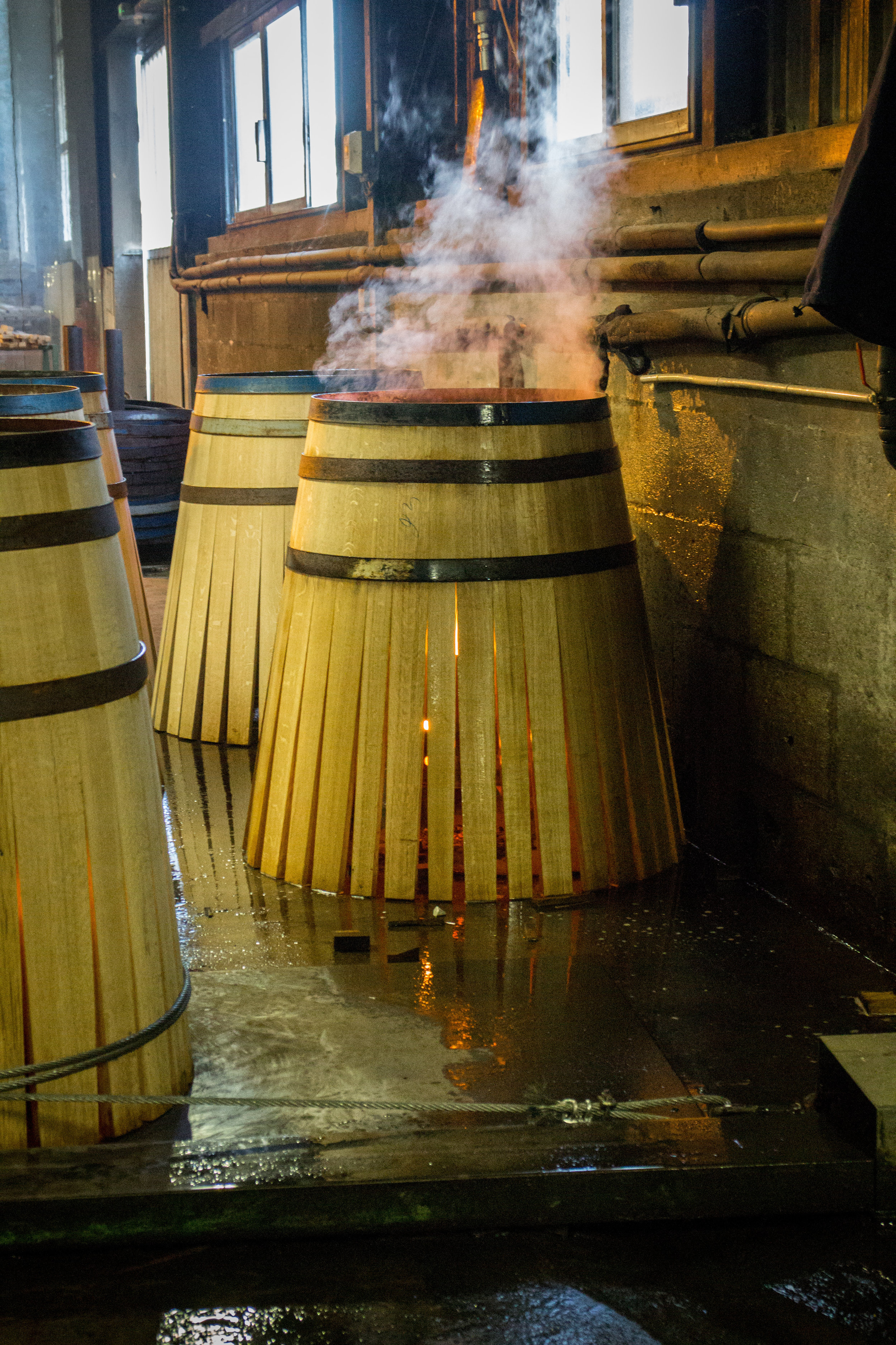 Barrel being heated before the staves can be bent