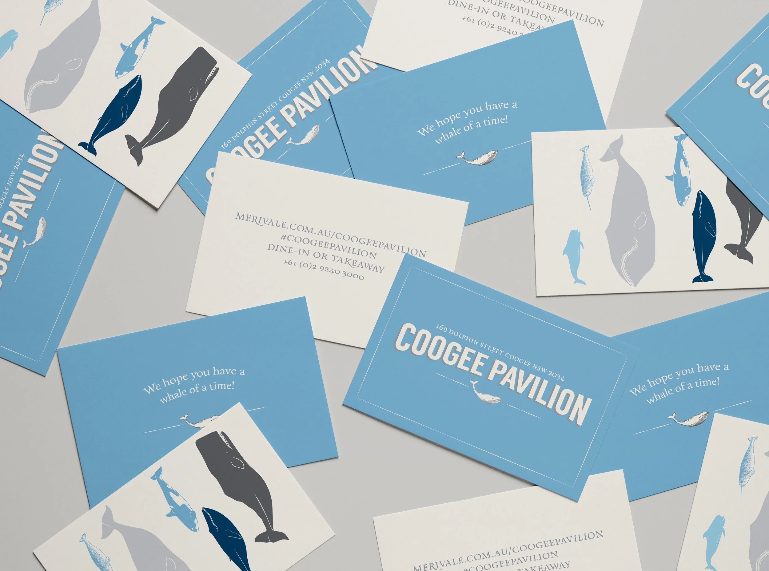 LOGO. VISUAL IDENTITY. BRAND COLLATERAL. The whale as a branding element was developed in hommage to Coogee Pavilion’s historic origin – Coogee Aquarium, est. 1889.* Whimsical marine life, vintage details and nautical themes are reflected through
