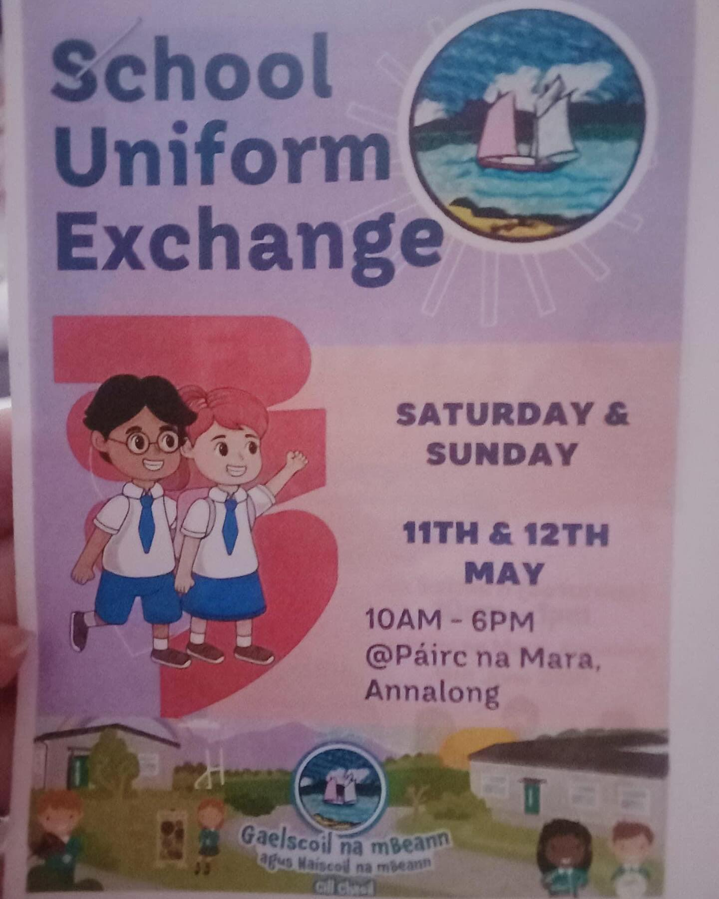 📣 School Uniform Exchange 📣

Calling all Current and soon to be Tuismitheoir&iacute; (Parents) of Gaelscoil &amp; Na&iacute;scoil na mBeann! 

We will have the school uniform exchange here tomorrow and Sunday 10-6pm. 🕣

Simply call into P&aacute;i