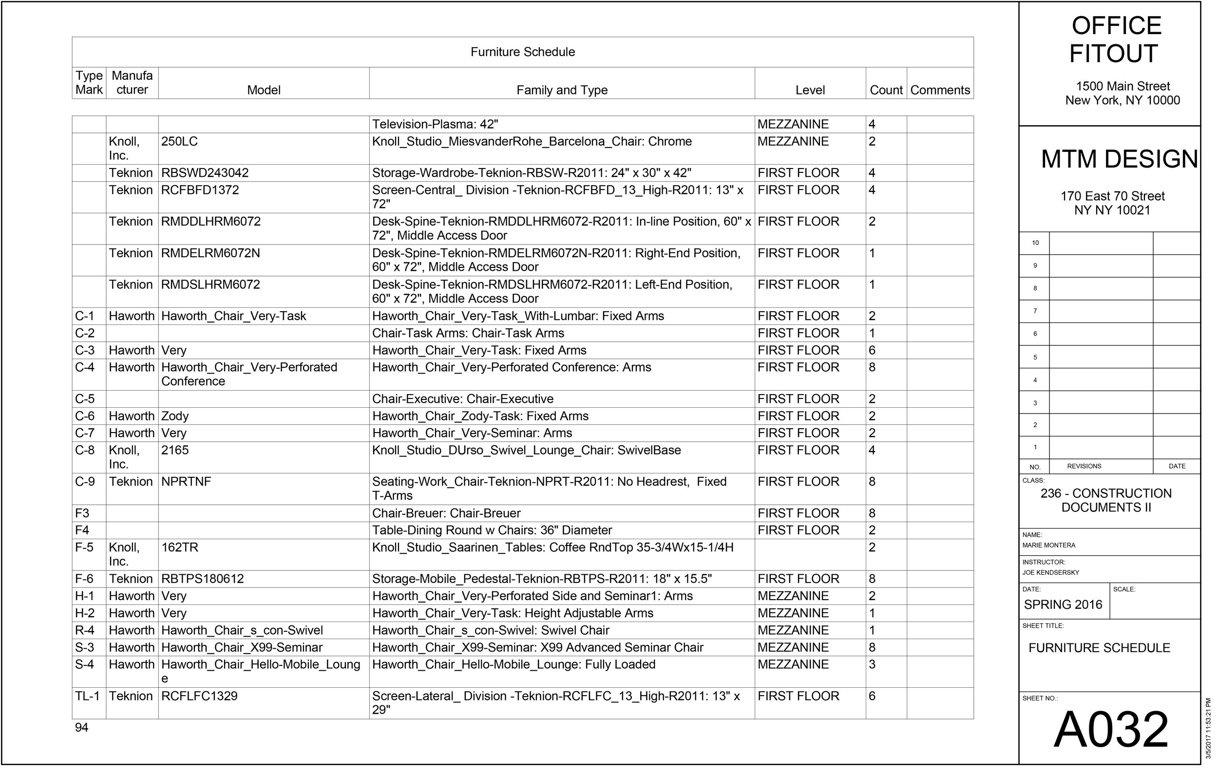 Furniture Schedule