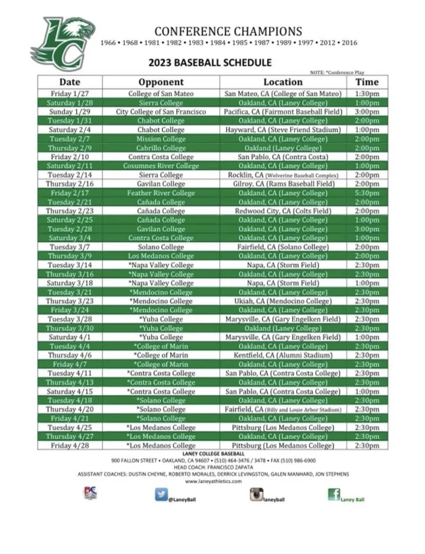 Laney Baseball Schedule — Laney Athletics