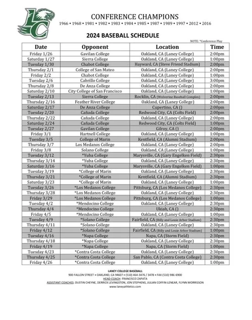 Laney Baseball Schedule — Laney Athletics