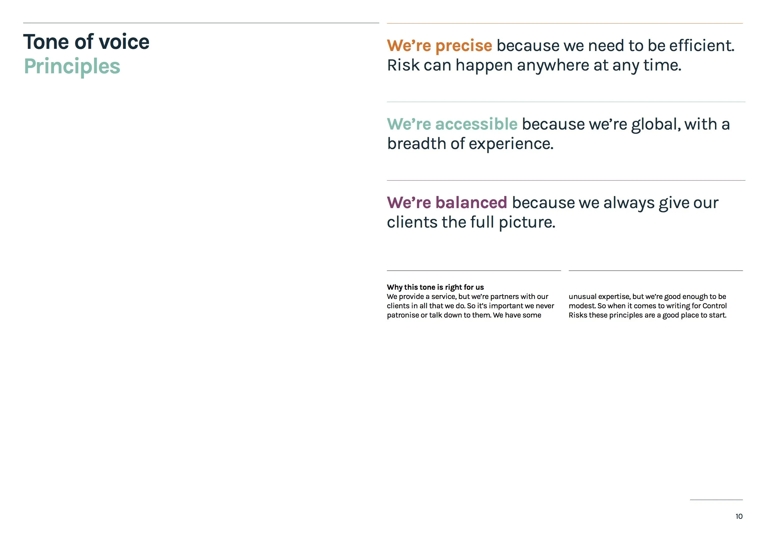 A white page from the Control Risks brand book explaining the brand's tone of voice principles.