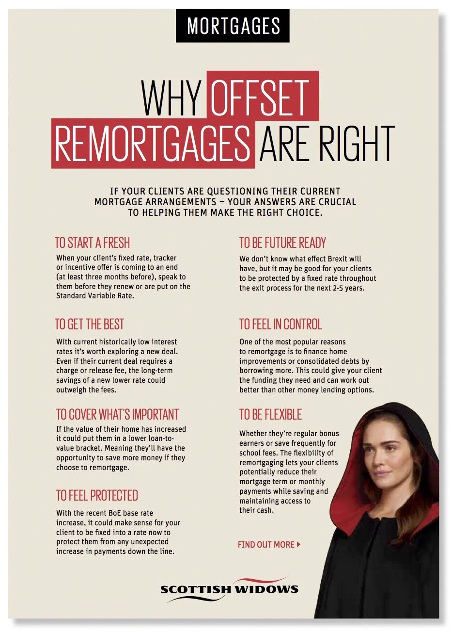 An image of a 1-pager that explains why offset remortgages are right. The page uses Scottish Widows colours of red, black and beige.