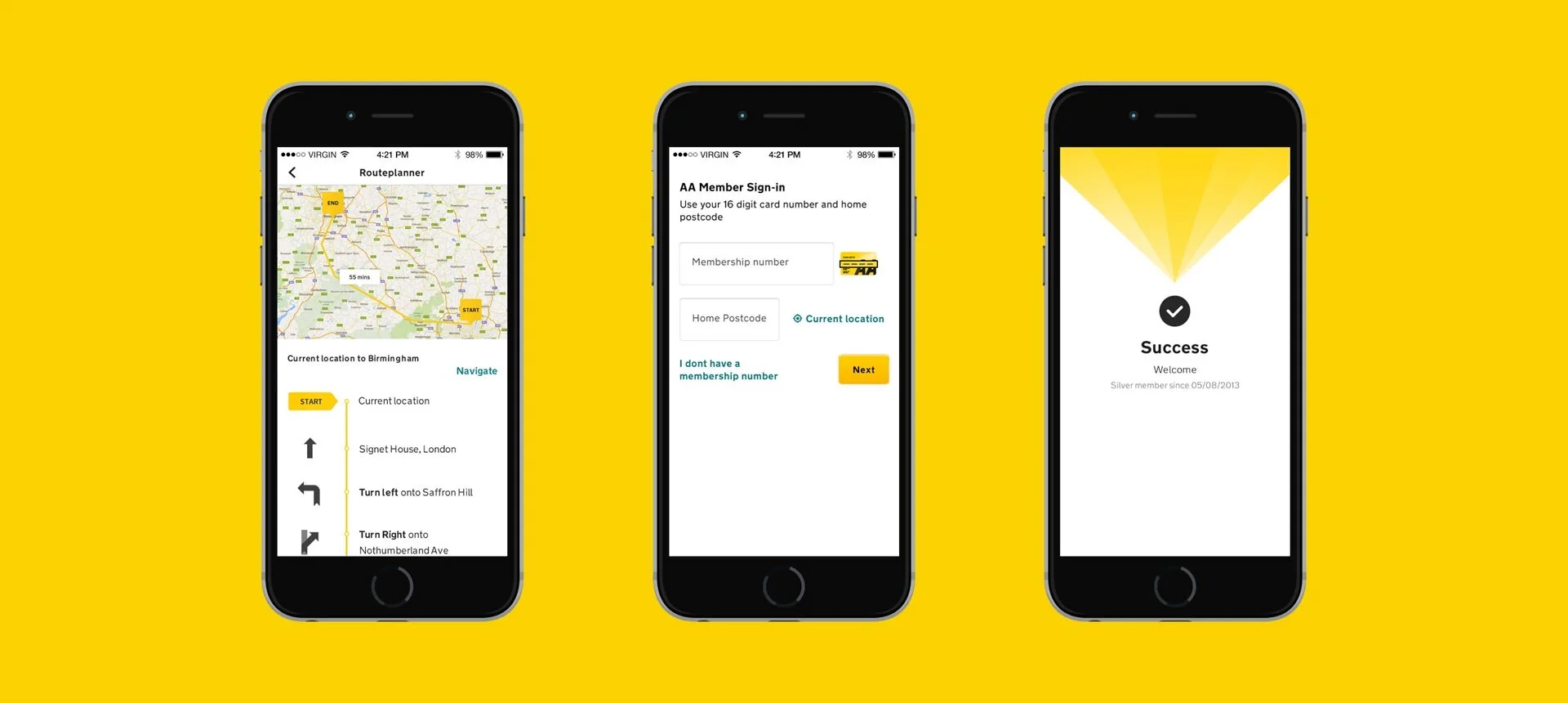 A series of mobile phone screens set against a yellow background showing The AA driving app