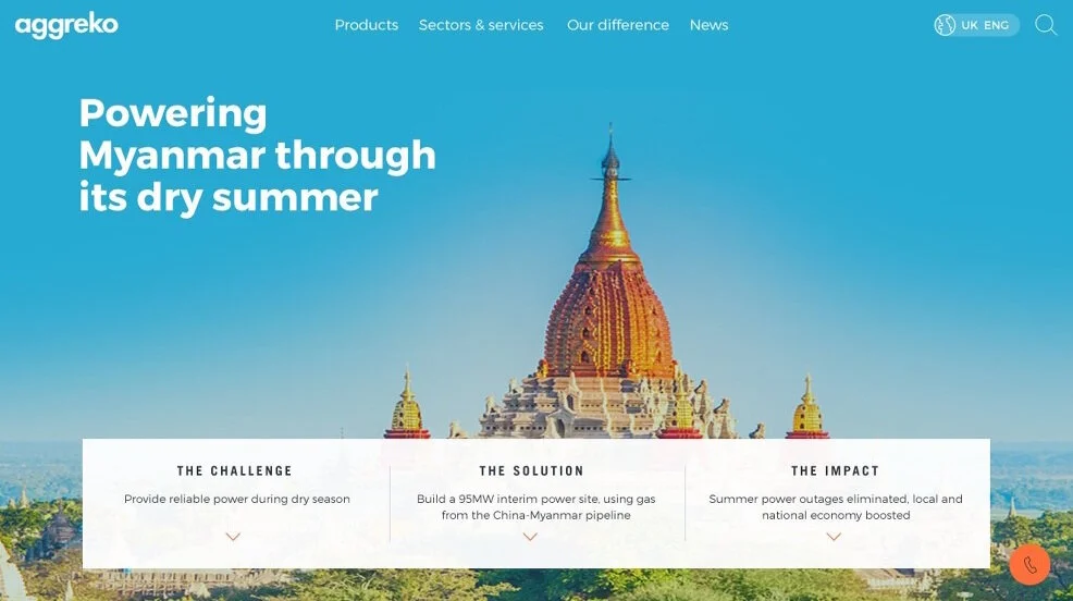 An example Aggreko homepage that features a full-width background image of a temple with bright blue sky with text on the left hand side that says Powering Myanmar through its dry summer. The page also has a number of menu and call to action labels