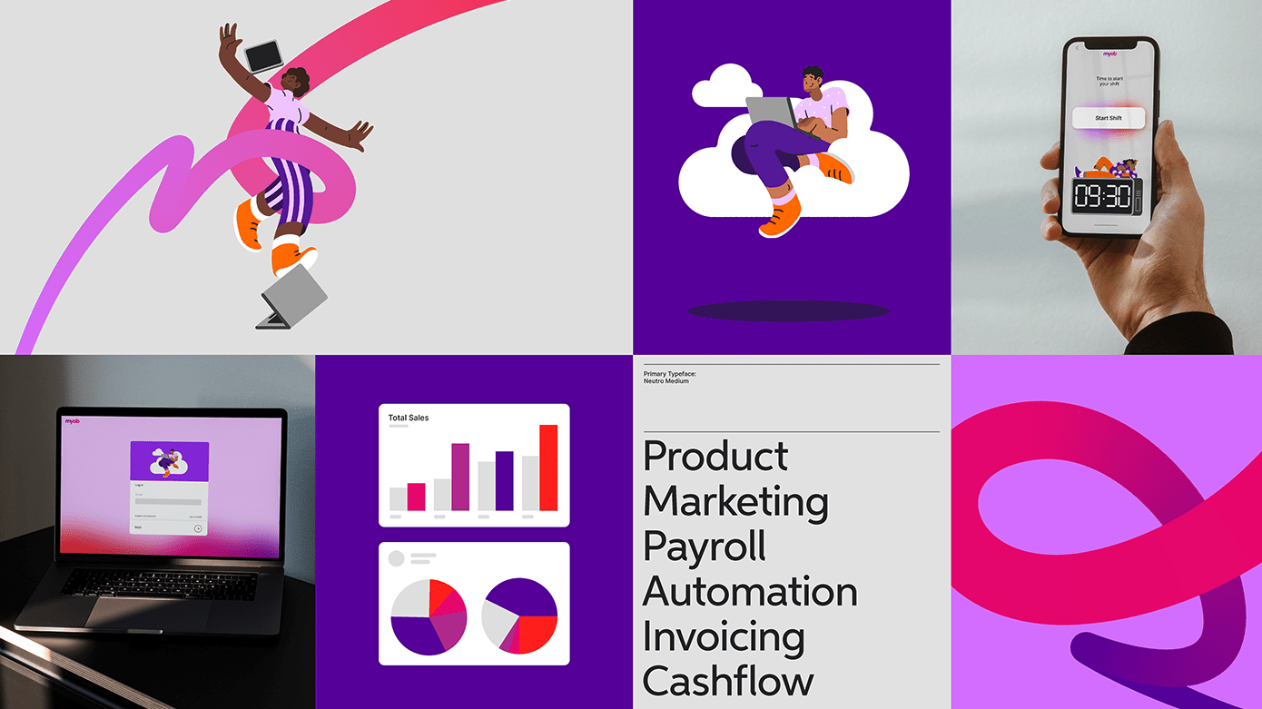 7 different promotional images for MYOB all using the same illustration style with a colour palette of purple, pink and grey.