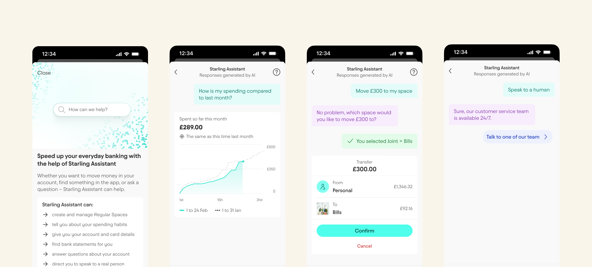 A series of images of the Starling Assistant. The first is from the onboarding journey, and last 3 show various chat interfaces each completing different requests for the user.