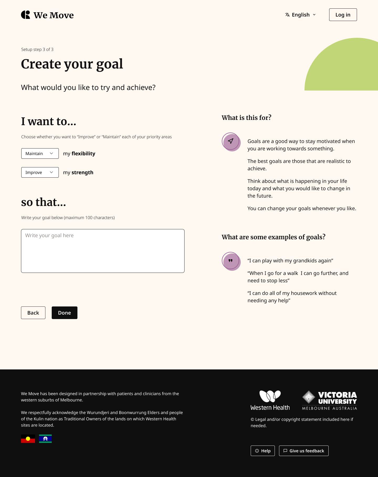 Image of a web page from the WeMove online program. The page has a beige background and the content explaining to the user how to create their personal health goal.