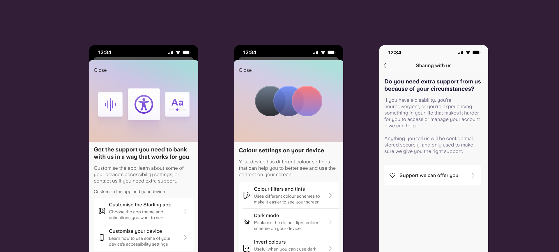 A series of screenshots on a purple background, showing what the in-app accessibility hub looked like.