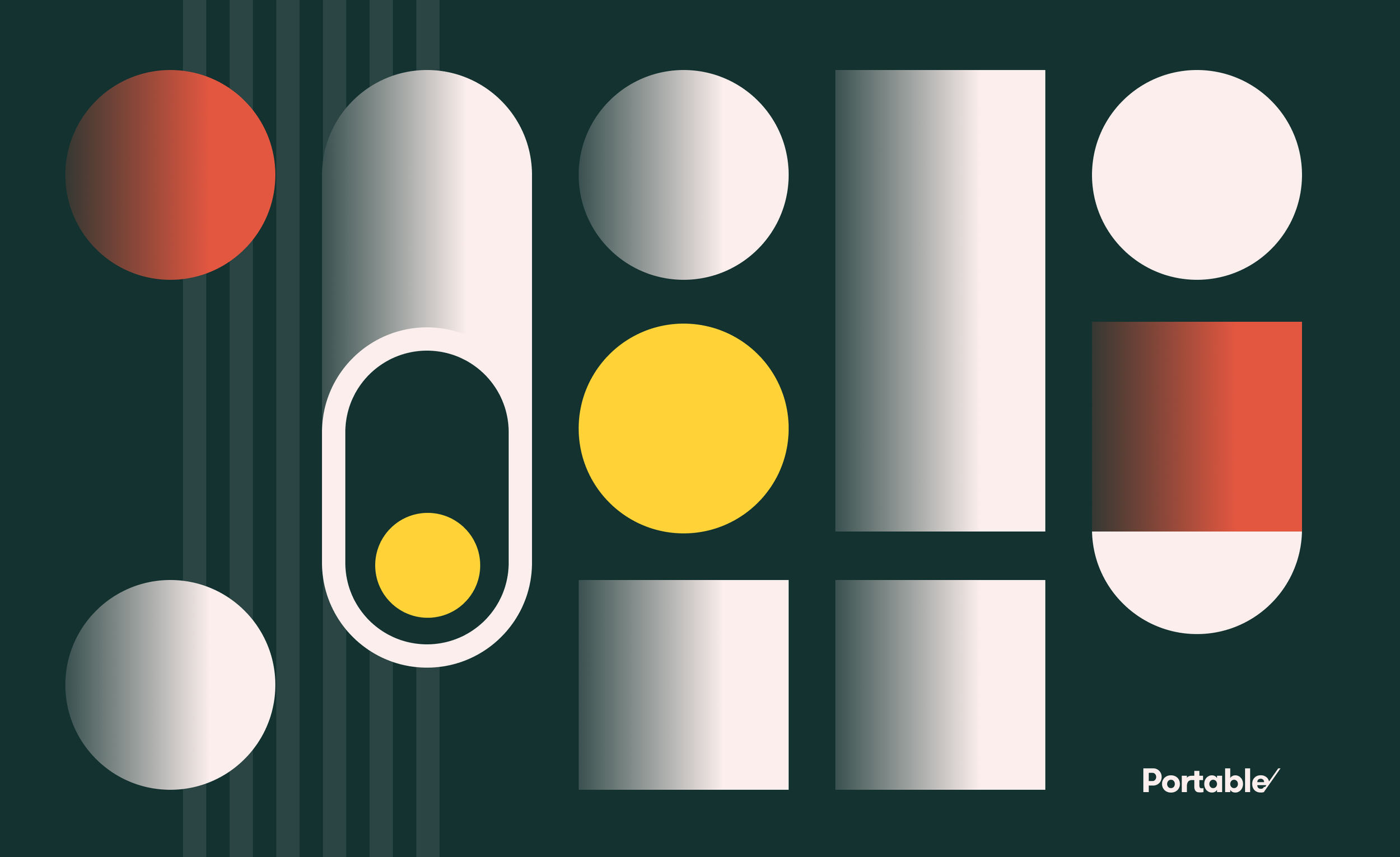 The landing page image of the toolkit. A series of circles, oblongs and squares in colours of yellow, red and off white set against a dark green background.