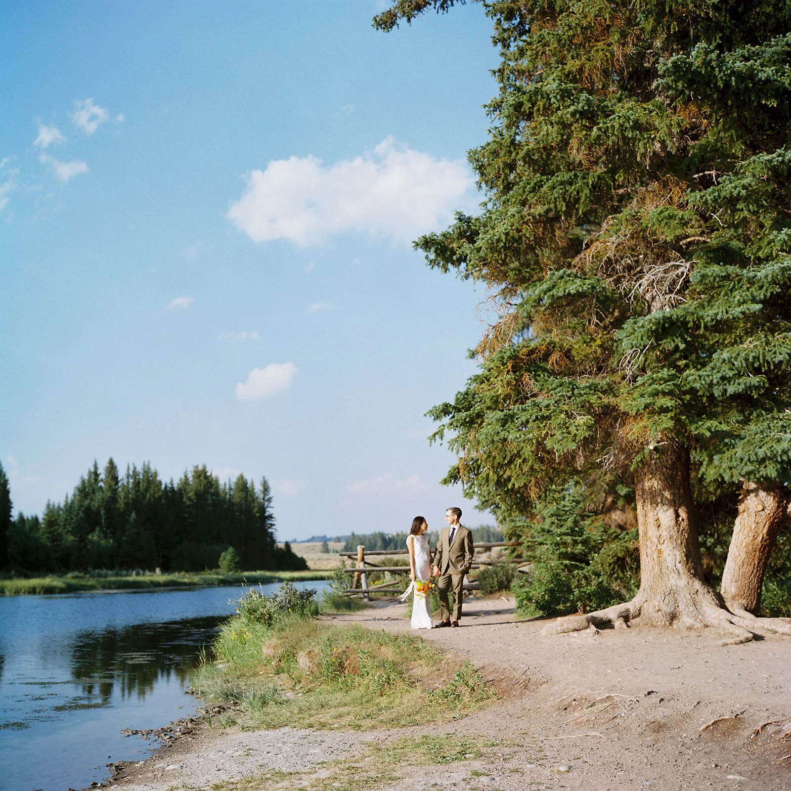 couple on analog photography at wedding in grand teton national park