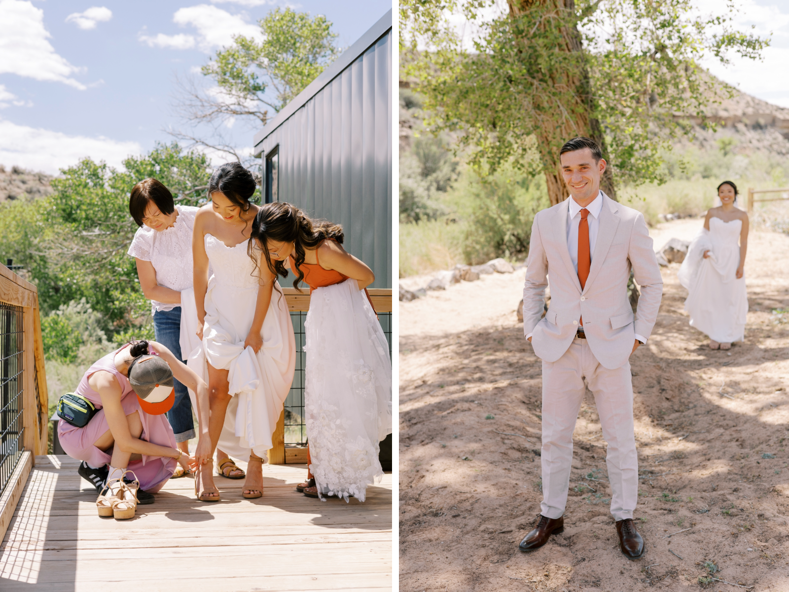 Zion wedding photography, first look before wedding at AutoCamp Zion UT, Bride gets ready outside airstream in AutoCamp Zion, Zion National Park wedding elopement photographer