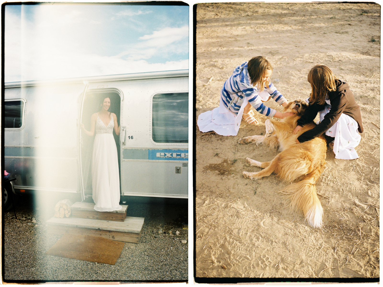 Film photo of bride in a vintage airstream at wedding at Ofland Escalante in Grand Staircase Escalante