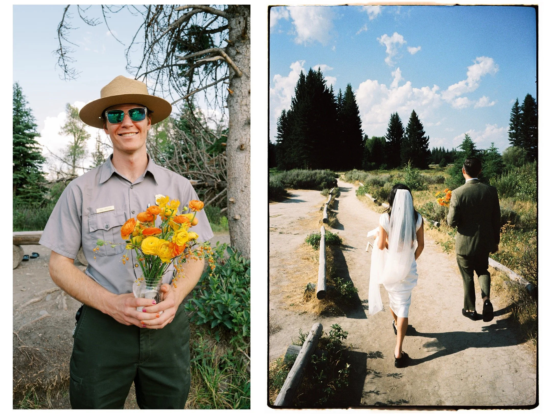 park ranger holds the wedding bouquet for wedding at schwabacher landing in grand tetons national park and couple walks the path for their elopement wedding