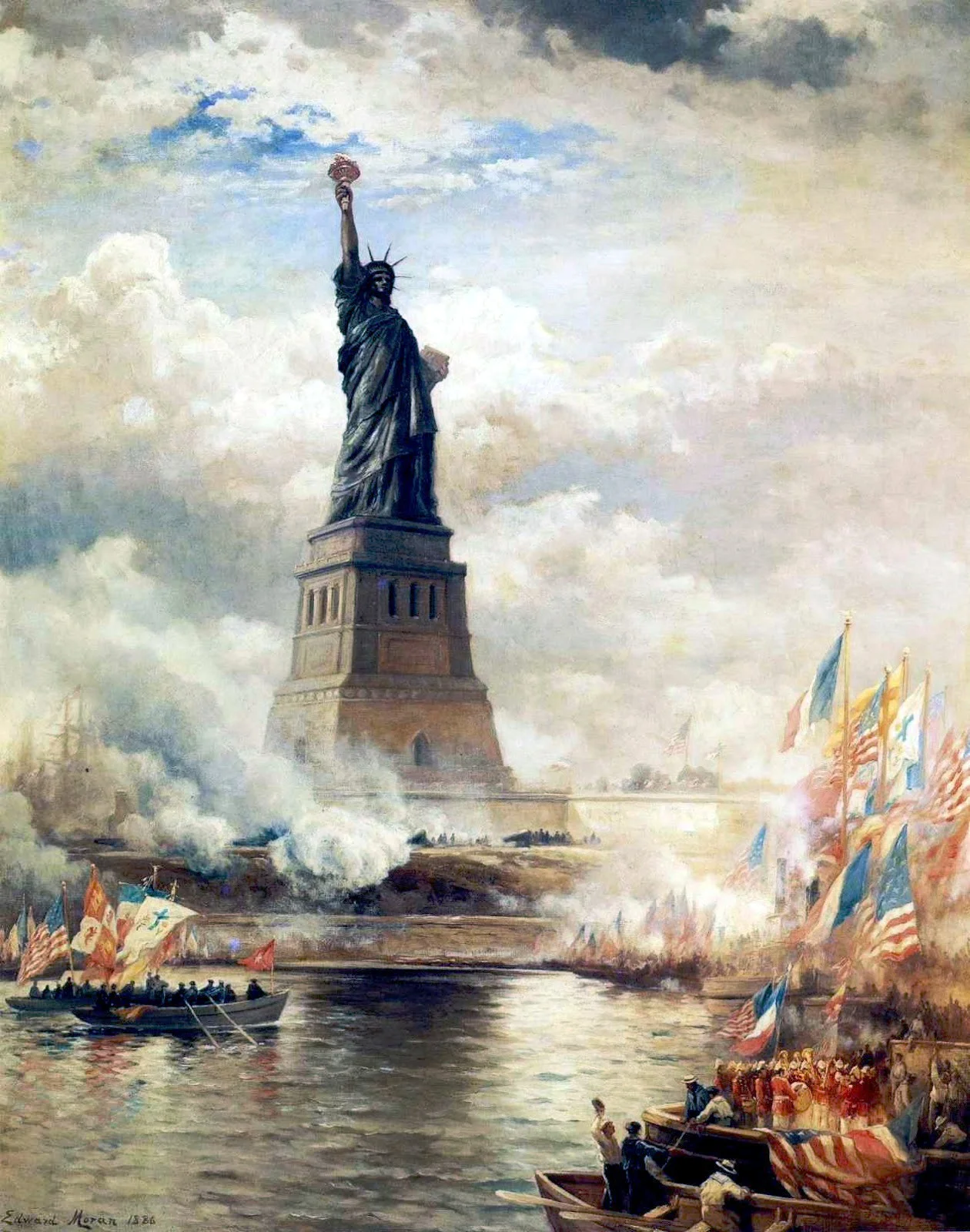 Unveiling of the Statue of Liberty Enlightening the World (1886) by Edward Moran . Oil on canvas. The J. Clarence Davies Collection, Museum of the City of New York . Via Wikipedia.