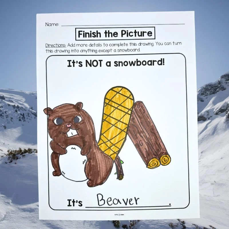 Creativity challenge worksheets for elementary students featuring rings and finish-the-picture winter prompts.