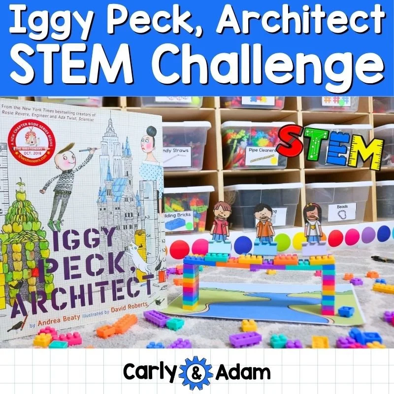 Iggy Peck, Architect STEM activity featuring a LEGO bridge constructed over a printable river and tested to determine how many student figures it can safely support.