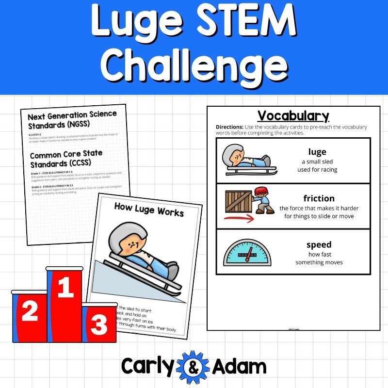 K–2 Winter Olympics luge STEM challenge: students engineer a luge sled with thin cardboard, popsicle sticks, straws, tape, and a luge rider printable, then test its speed down a ramp using gravity.