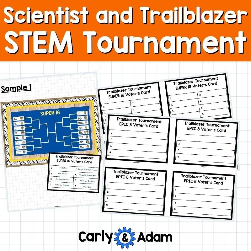 STEM trailblazer tournament championship bracket with student voting card for a March Madness classroom activity.