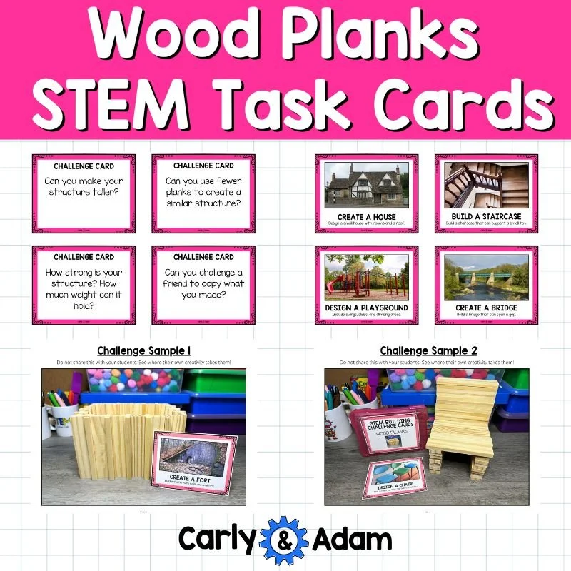 Wood plank STEM task cards showing building challenges and classroom examples