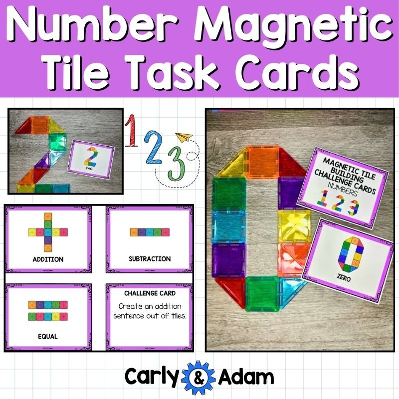 Number magnetic tile task card collage showing zero, two, math symbols, and addition challenge card.