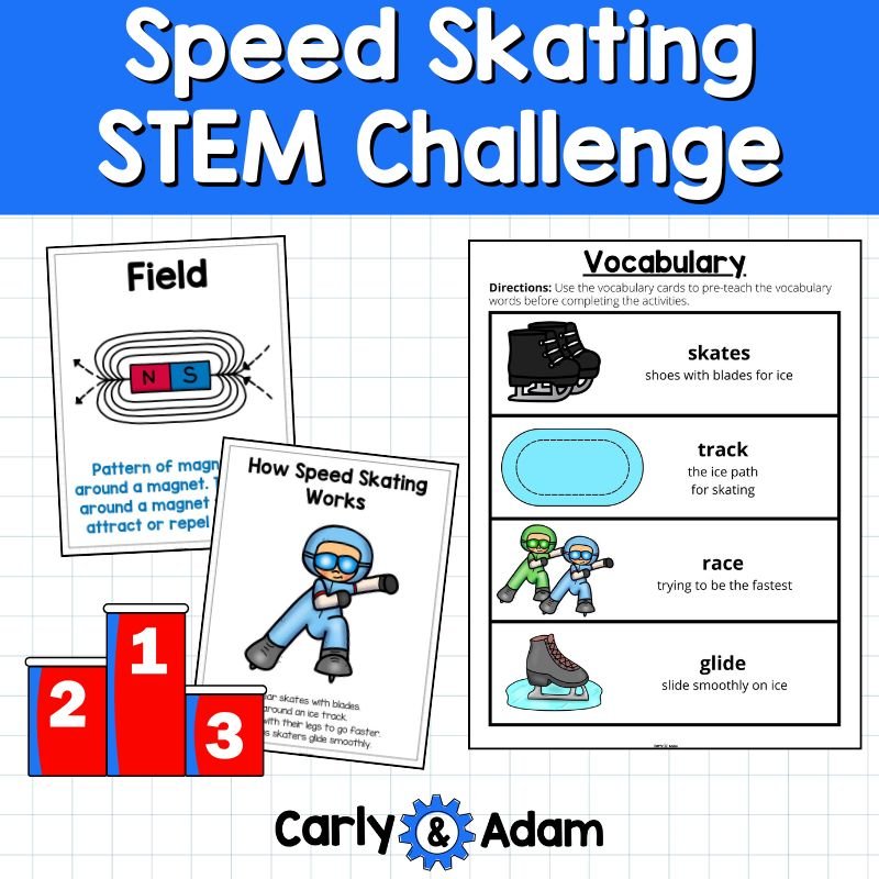 K–2 students complete the Speed Skating Winter Games STEM Challenge by designing and testing a magnet-powered speed skater that glides across a tabletop track using magnetic force.