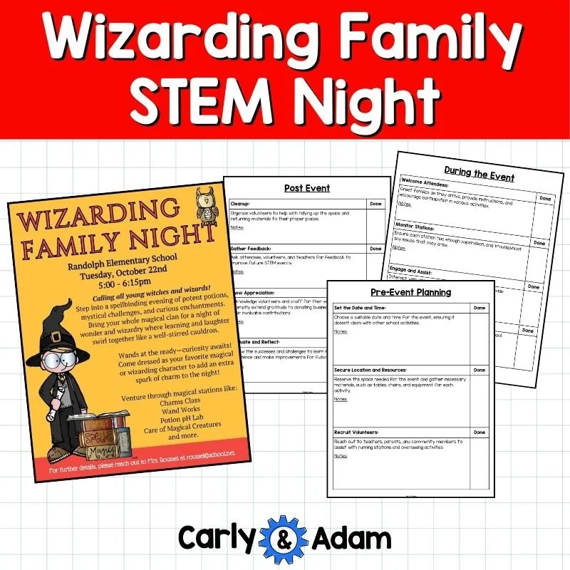 Wizarding Family STEM Night preview showing a yellow event invitation alongside pre-event planning, during-the-event, and post-event checklists.