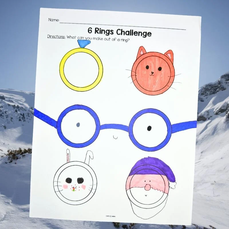 Rings creativity challenge worksheet where students turn circles into different objects to practice divergent thinking.