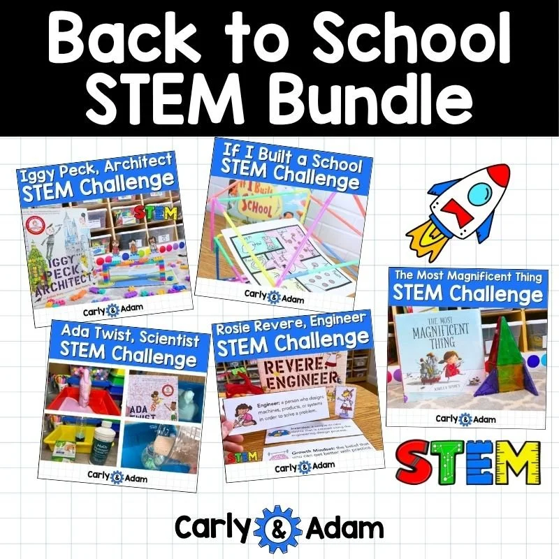 Collage showing five back-to-school read-aloud STEM activities for elementary students