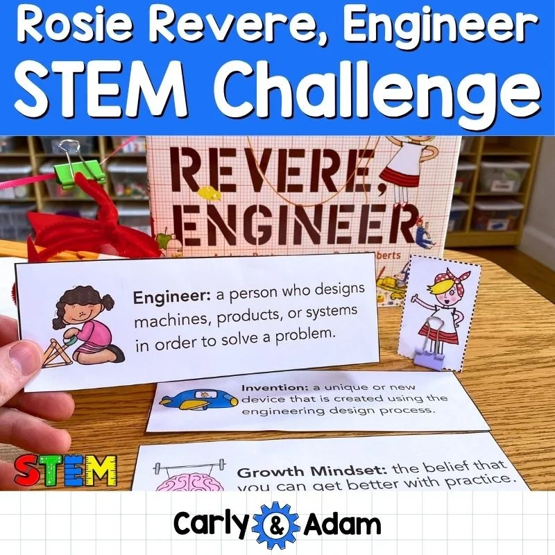 Rosie Revere, Engineer STEM challenge featuring a flying machine built with pipe cleaners, craft sticks, construction paper, and tape before being tested on a classroom zip line.