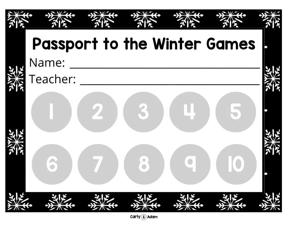 Passport to the Winter Games printable used for Winter Olympics family STEM night rotation