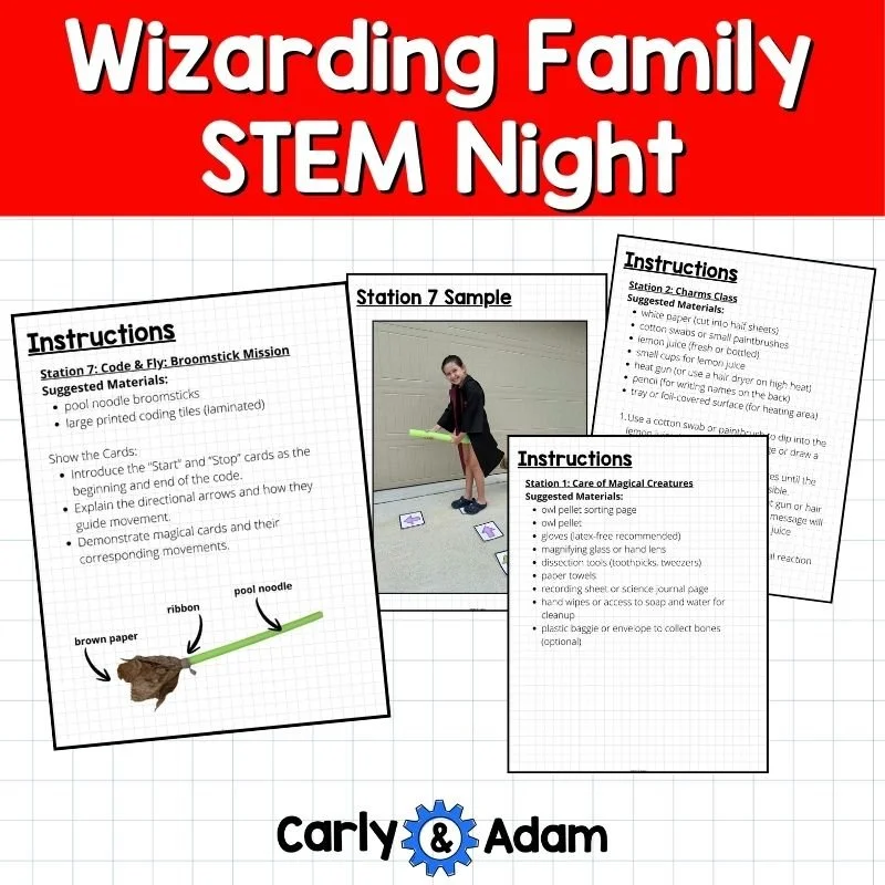 Preview of instruction pages for Broomstick Mission, Charms Class, and Care of Magical Creatures, with a labeled pool noodle broomstick diagram and a sample activity photo.
