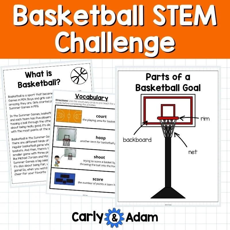 March Madness basketball vocabulary cards for elementary students featuring court, hoop, shoot, and score.