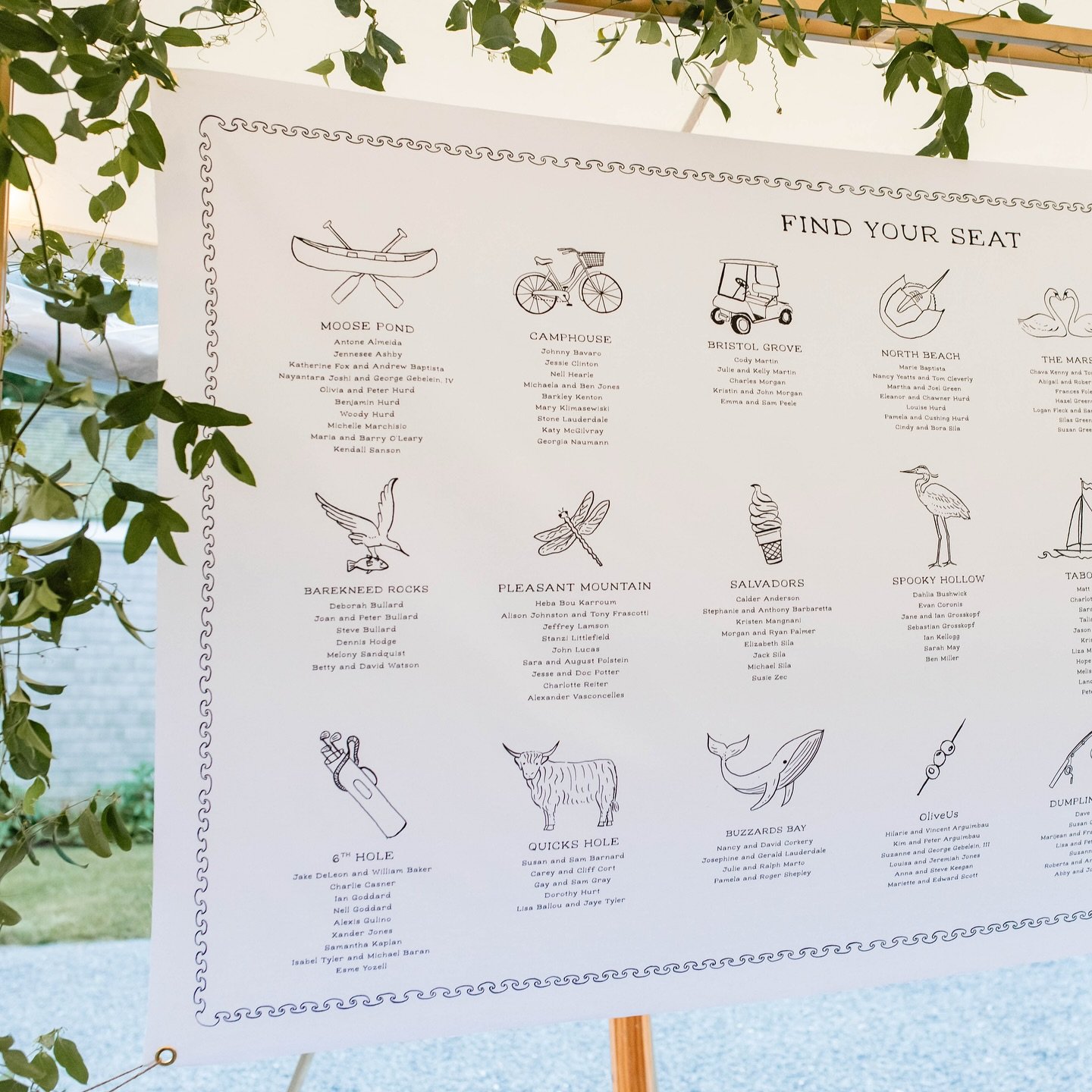 Instead of going for traditional table numbers, the bride and groom put together a list of meaningful places + things to use for seating assignments. I drew up an icon for each and created a custom font to use throughout (inspired by lettering found 