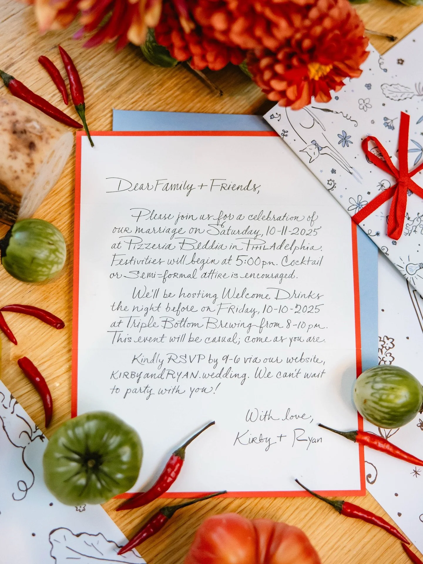 Ryan and I wanted our invitations to feel like personal letters to guests. These were letterpressed, folded into thirds, tied with cotton ribbon, then stuffed into lined letter envelopes. 

Printing @bellafigura 
Paper from @craneandco @gmundpaper 
R