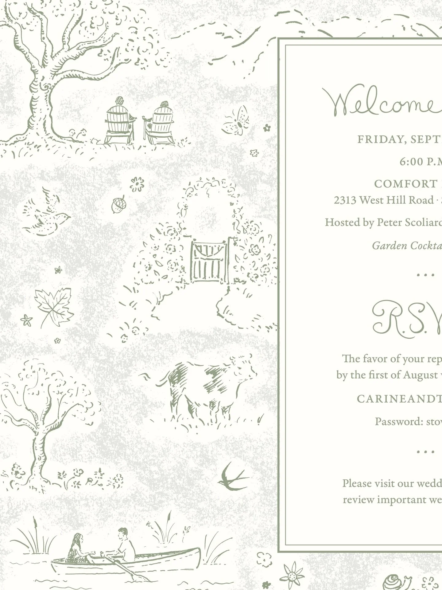 Artwork for C &amp; T&rsquo;s beautiful wedding in Stowe. 

Inspired by vintage endpapers, I drew their favorite Vermont details and added a lithography-style texture using scans from my collection of old children&rsquo;s books. A little nostalgia wo